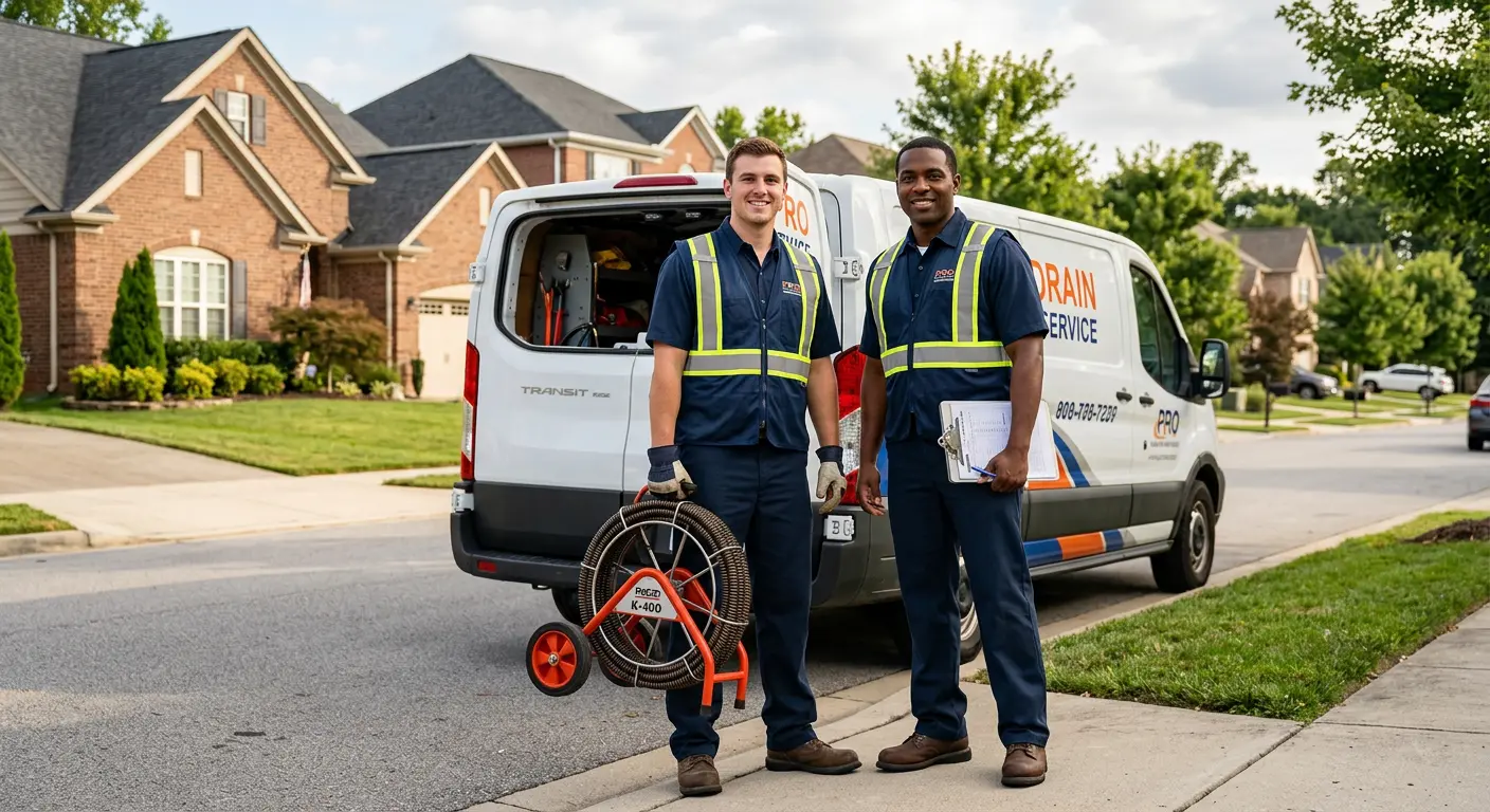 Sewer and drain service team with equipment ready for work in Prospect Heights
