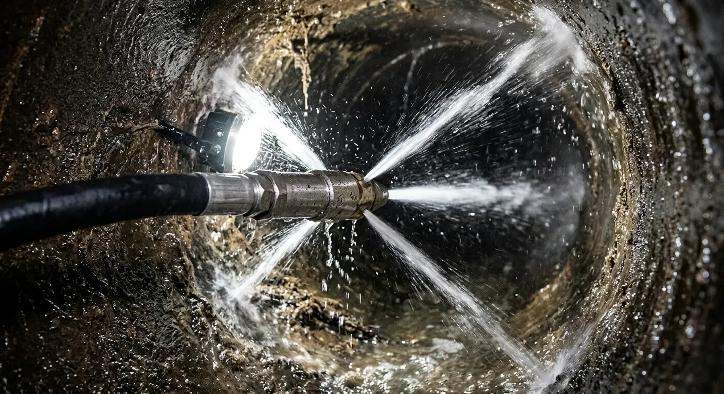 High-pressure hydro jetting nozzle cleaning sewer pipe for Trenchless Sewer Repair in Prospect Heights