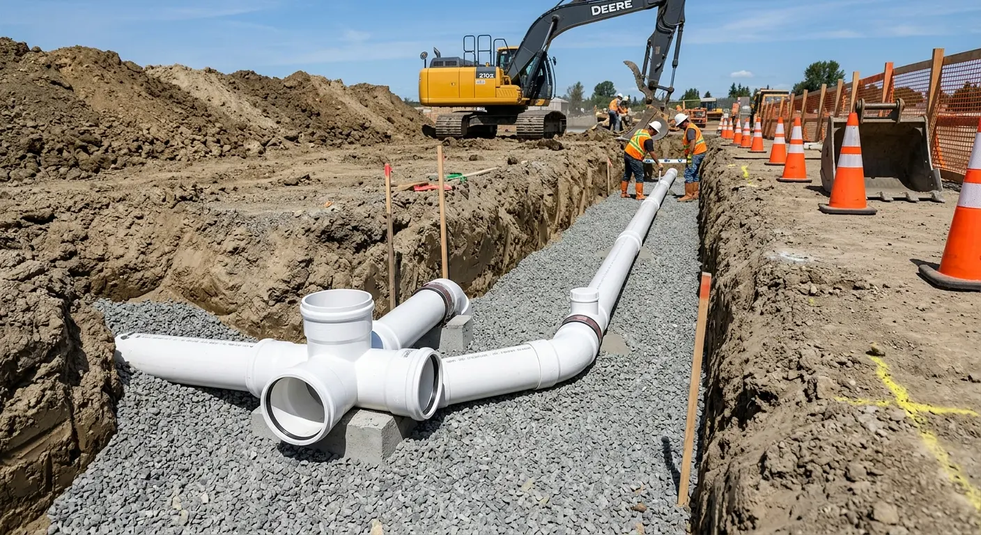 New PVC sewer pipe installation in open trench for Commercial Drain Cleaning in Prospect Heights