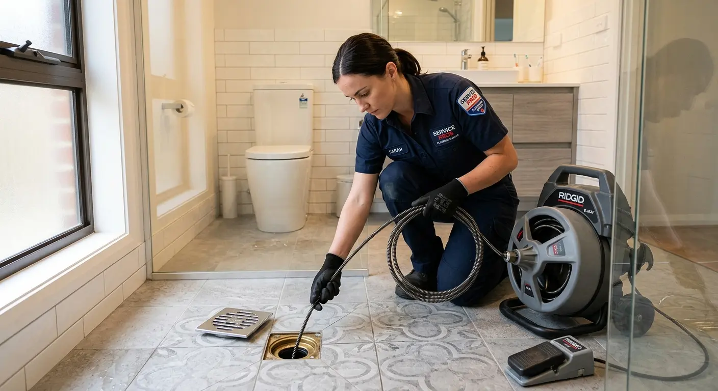 Technician clearing a bathroom floor drain for Clogged Drain Repair in Prospect Heights